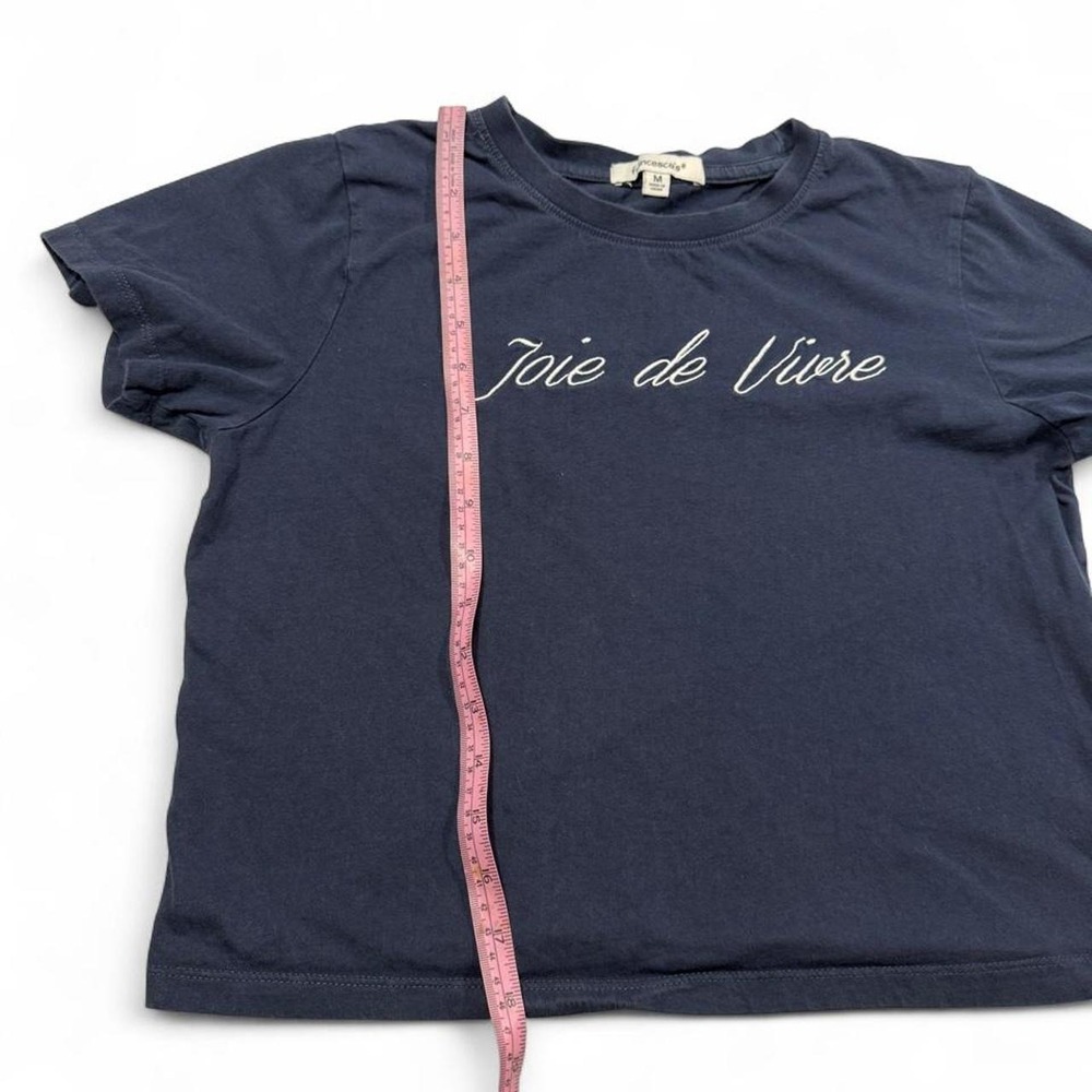 Francesca's Joie de Vivre Embroidered T Shirt Navy Blue Cropped Baby Tee - Picture 4 of 4